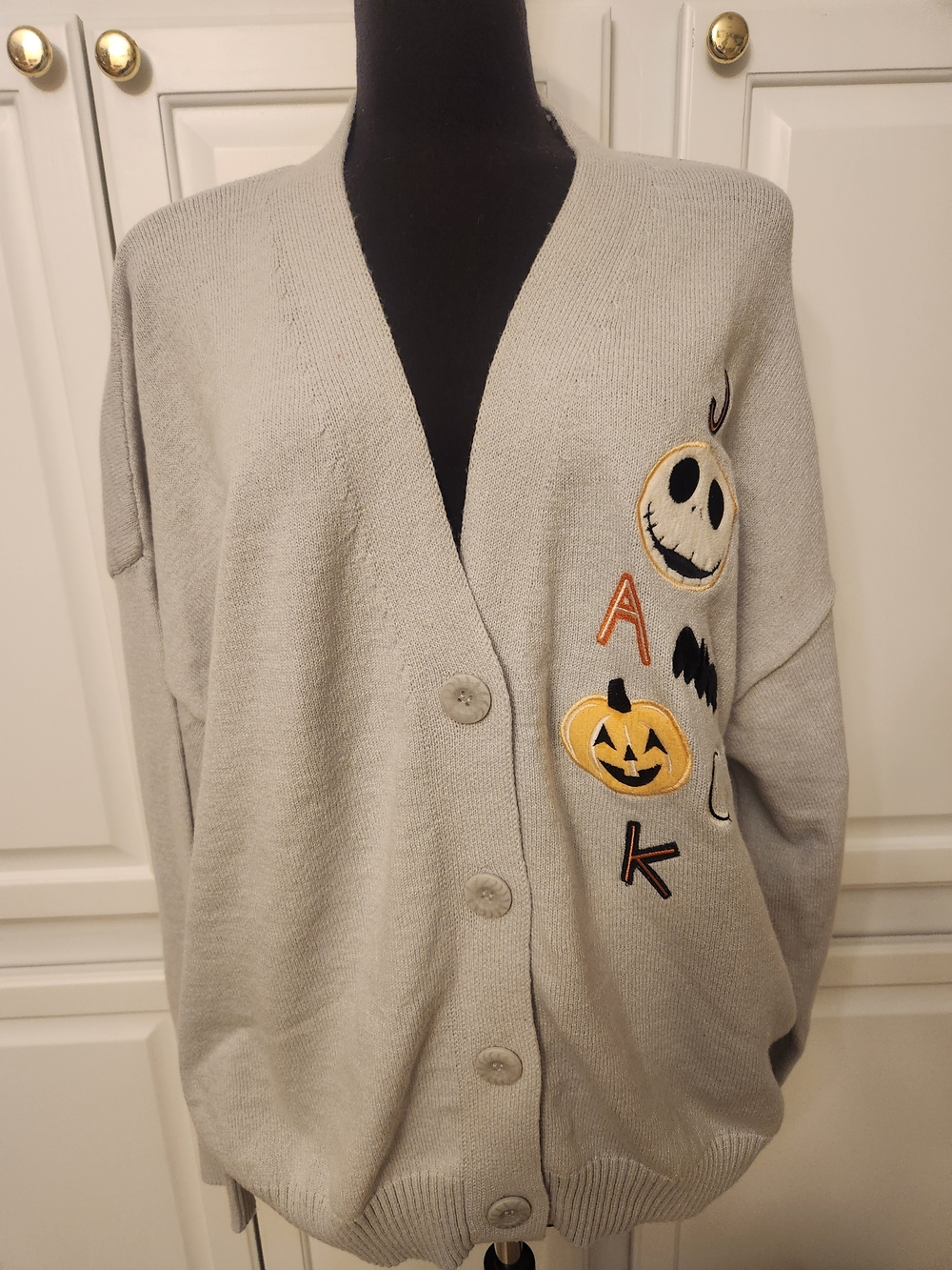 Jack Skelton Light Gray Halloween Embroidered Cardigan Sweater